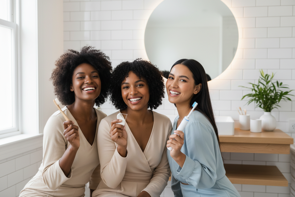 Three melanin rich women showcasing oral hygiene
